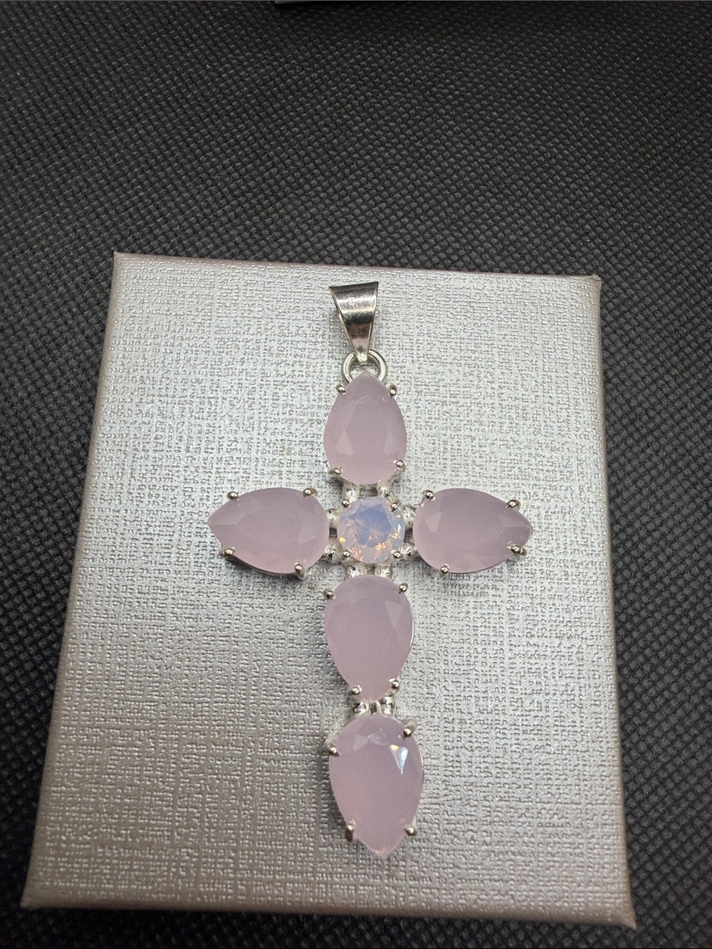 Gorgeous Rose Chalcedony with opalite center Sterling Silver Cross Pendant 2.6”